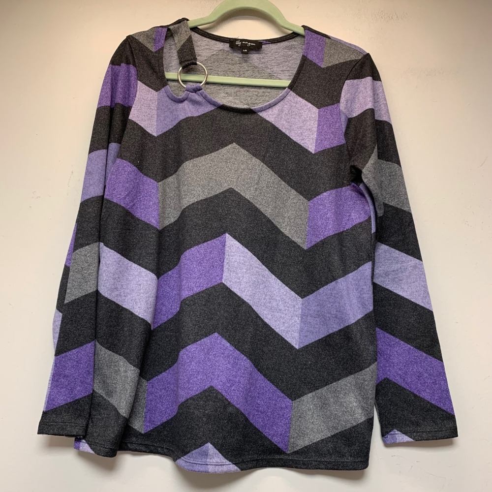 Lily Morgan Top Womens Large Purple Chevron Excellent Cut Out Ring Detail 15222
